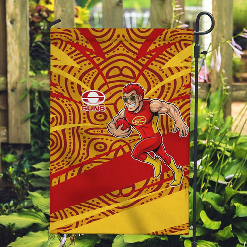Gold Coast Suns Australian Football Garden Flag Sunny Hero Mascot With Indigenous Pattern Art