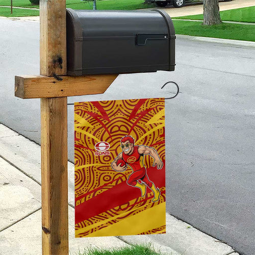 Gold Coast Suns Australian Football Garden Flag Sunny Hero Mascot With Indigenous Pattern Art