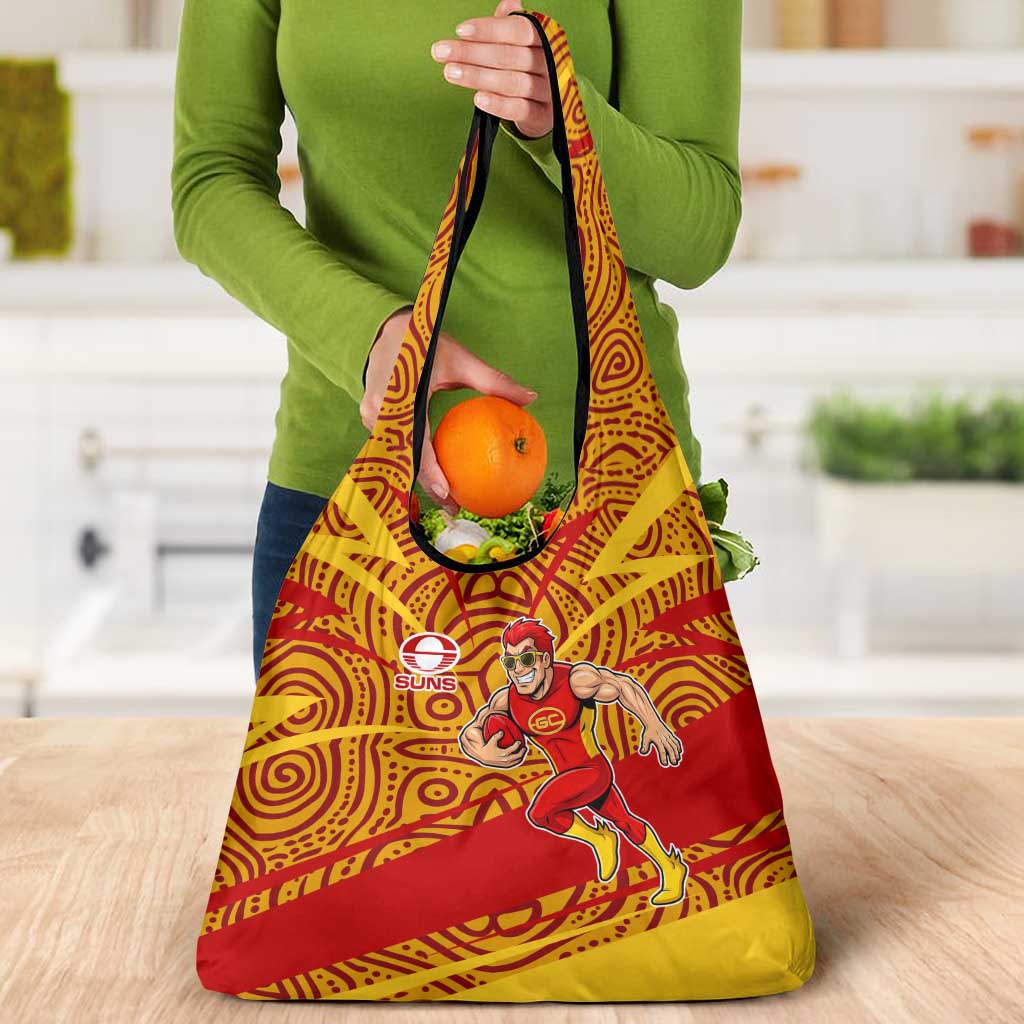 Gold Coast Suns Australian Football Grocery Bag Sunny Hero Mascot With Indigenous Pattern Art