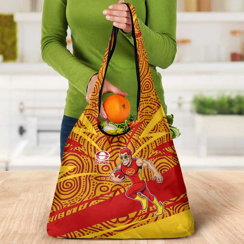 Gold Coast Suns Australian Football Grocery Bag Sunny Hero Mascot With Indigenous Pattern Art