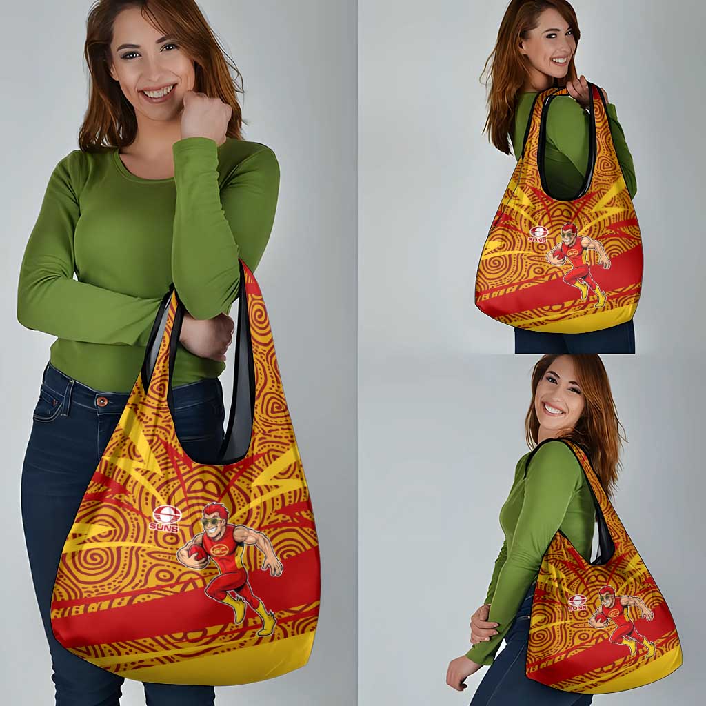 Gold Coast Suns Australian Football Grocery Bag Sunny Hero Mascot With Indigenous Pattern Art
