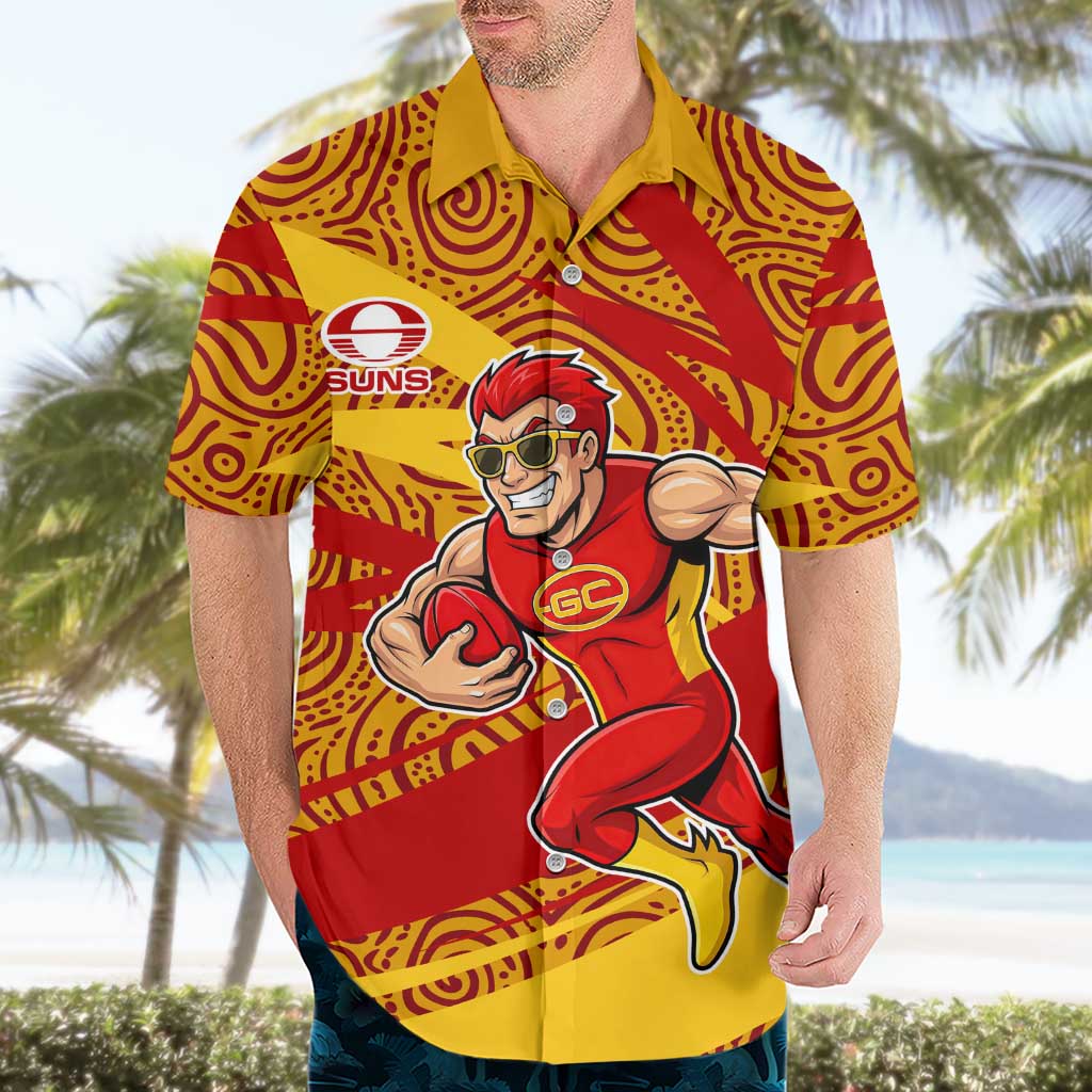Gold Coast Suns Australian Football Hawaiian Shirt Sunny Hero Mascot With Indigenous Pattern Art