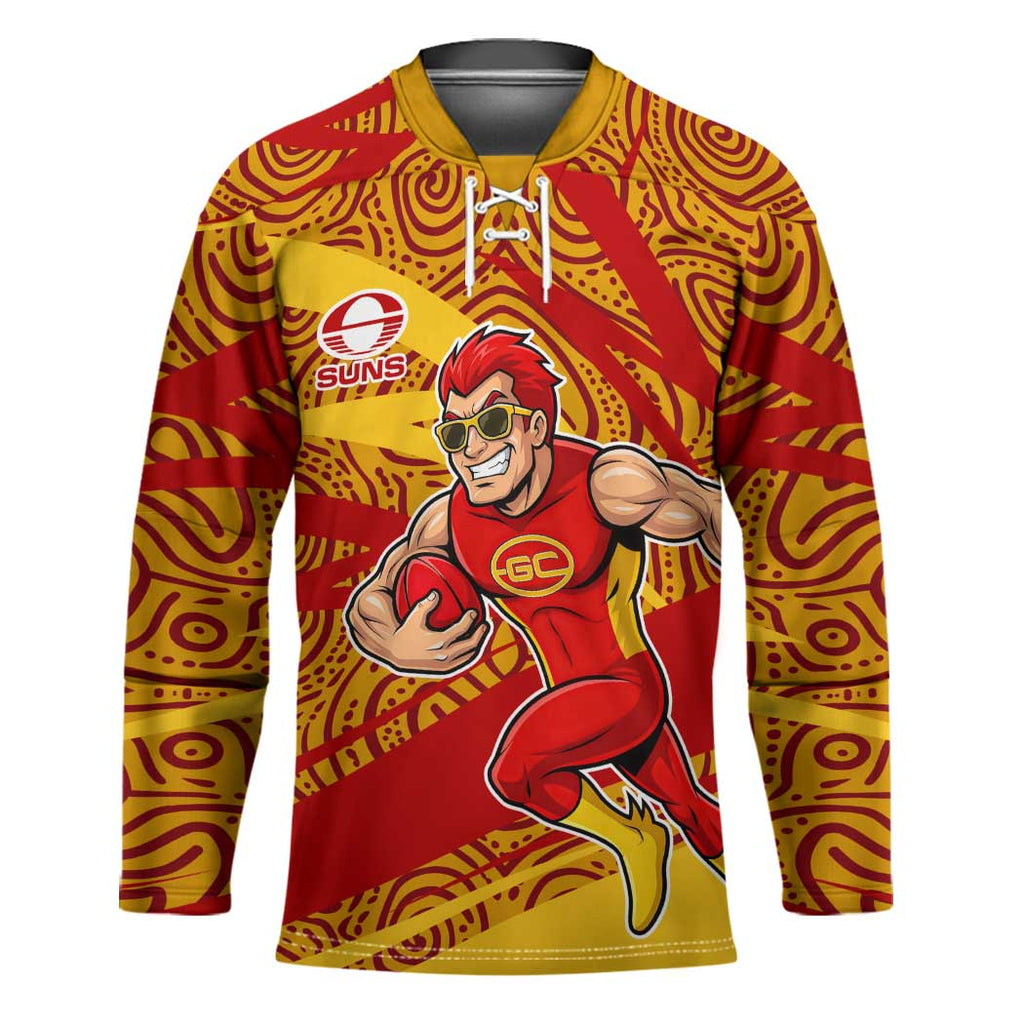 Gold Coast Suns Australian Football Hockey Jersey Sunny Hero Mascot With Indigenous Pattern Art