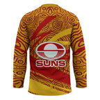 Gold Coast Suns Australian Football Hockey Jersey Sunny Hero Mascot With Indigenous Pattern Art