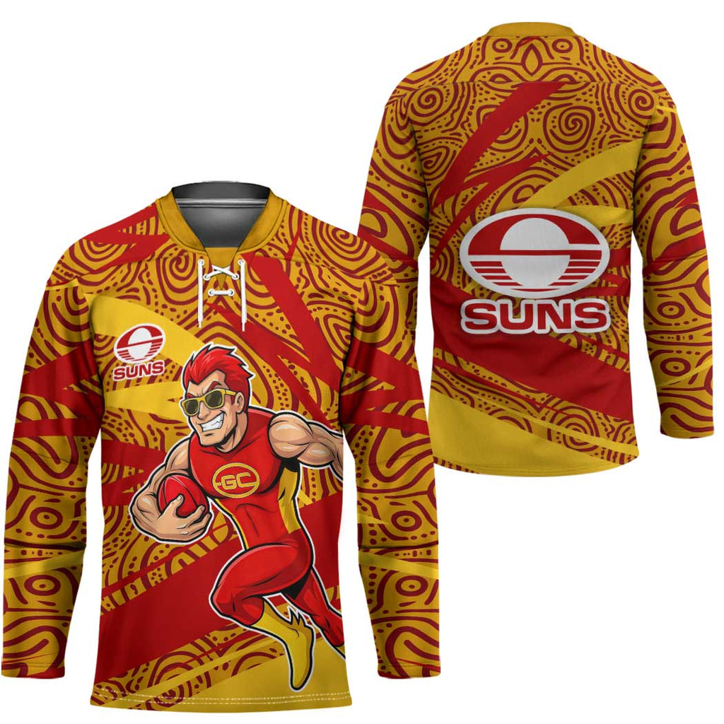 Gold Coast Suns Australian Football Hockey Jersey Sunny Hero Mascot With Indigenous Pattern Art