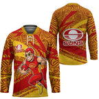Gold Coast Suns Australian Football Hockey Jersey Sunny Hero Mascot With Indigenous Pattern Art