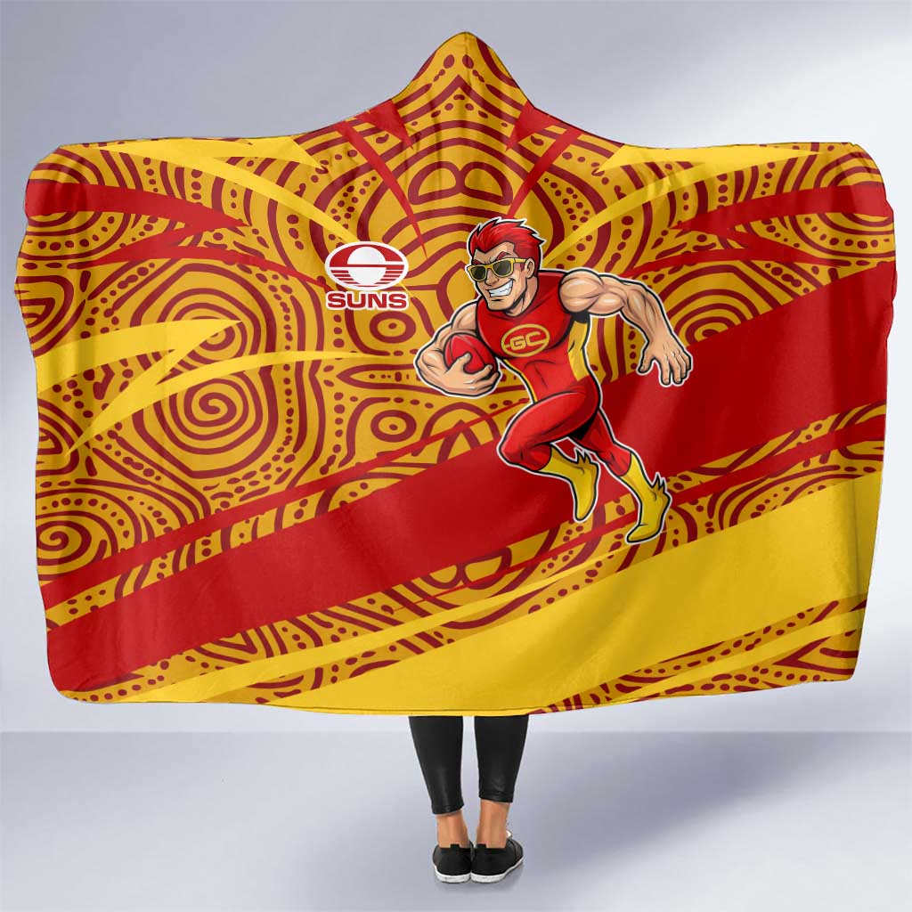 Gold Coast Suns Australian Football Hooded Blanket Sunny Hero Mascot With Indigenous Pattern Art