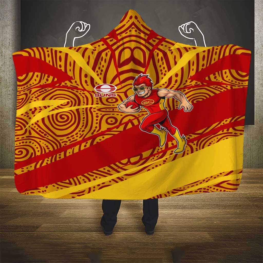 Gold Coast Suns Australian Football Hooded Blanket Sunny Hero Mascot With Indigenous Pattern Art