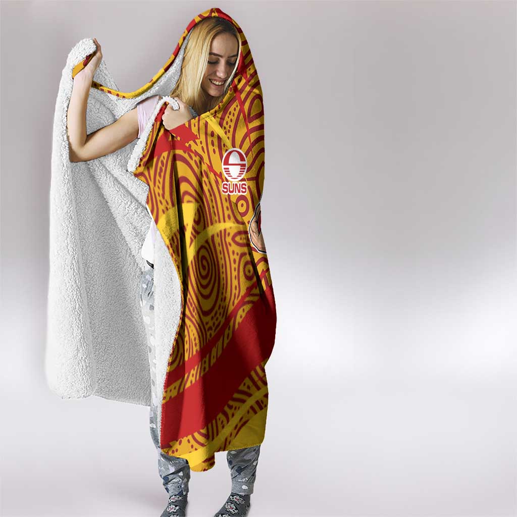 Gold Coast Suns Australian Football Hooded Blanket Sunny Hero Mascot With Indigenous Pattern Art