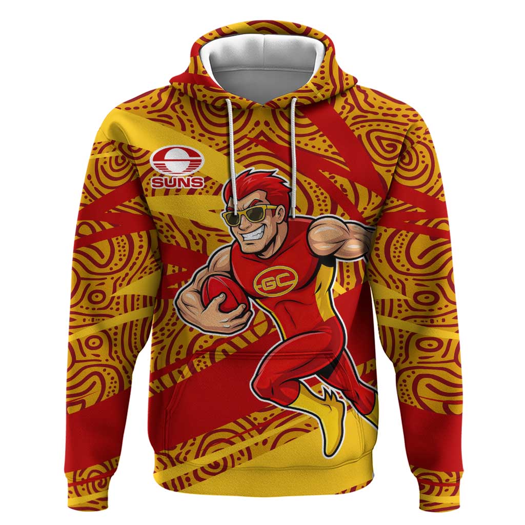 Gold Coast Suns Australian Football Hoodie Sunny Hero Mascot With Indigenous Pattern Art