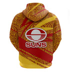 Gold Coast Suns Australian Football Hoodie Sunny Hero Mascot With Indigenous Pattern Art