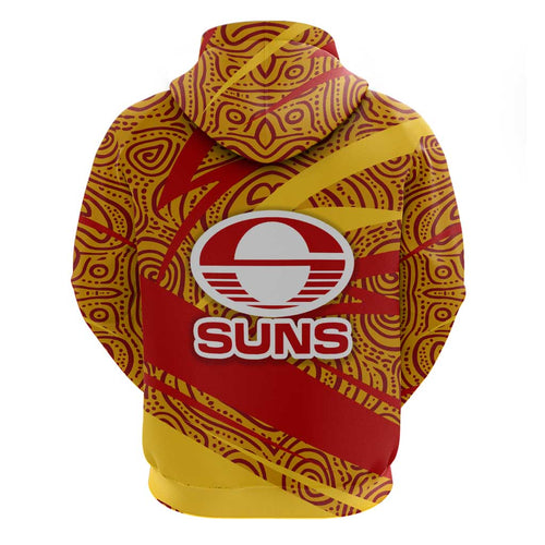 Gold Coast Suns Australian Football Hoodie Sunny Hero Mascot With Indigenous Pattern Art