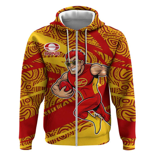 Gold Coast Suns Australian Football Hoodie Sunny Hero Mascot With Indigenous Pattern Art