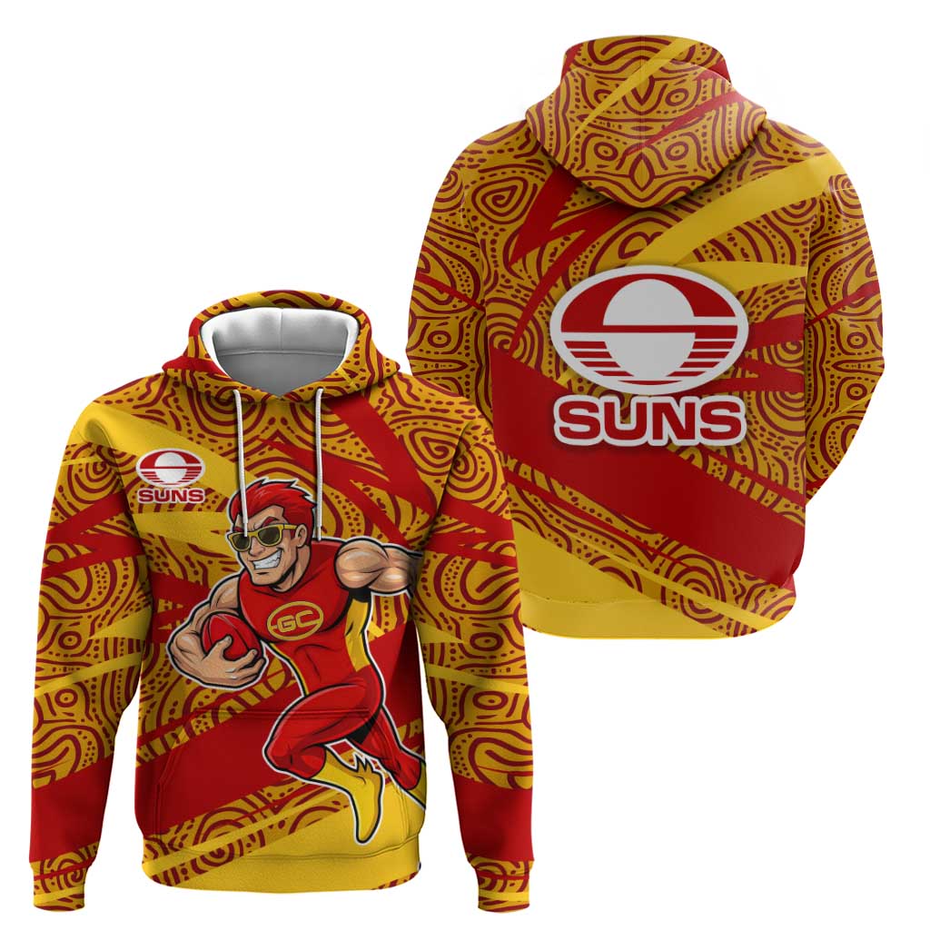 Gold Coast Suns Australian Football Hoodie Sunny Hero Mascot With Indigenous Pattern Art