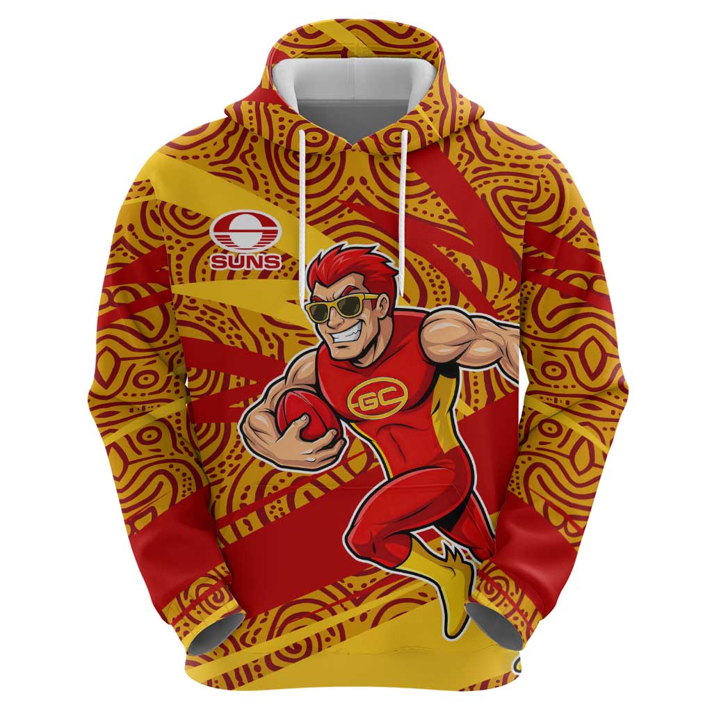 Gold Coast Suns Australian Football Hoodie Sunny Hero Mascot With Indigenous Pattern Art