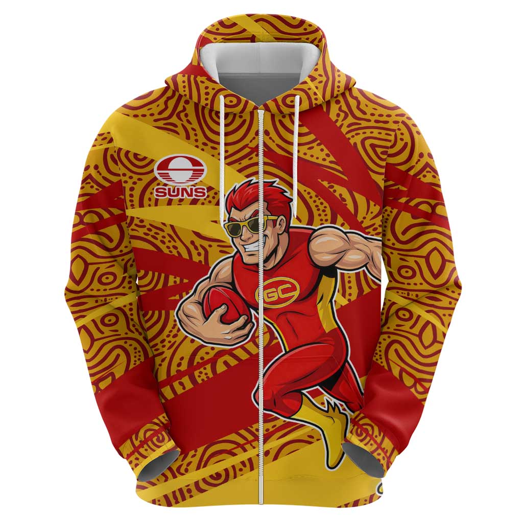 Gold Coast Suns Australian Football Hoodie Sunny Hero Mascot With Indigenous Pattern Art