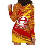 Gold Coast Suns Australian Football Hoodie Dress Sunny Hero Mascot With Indigenous Pattern Art