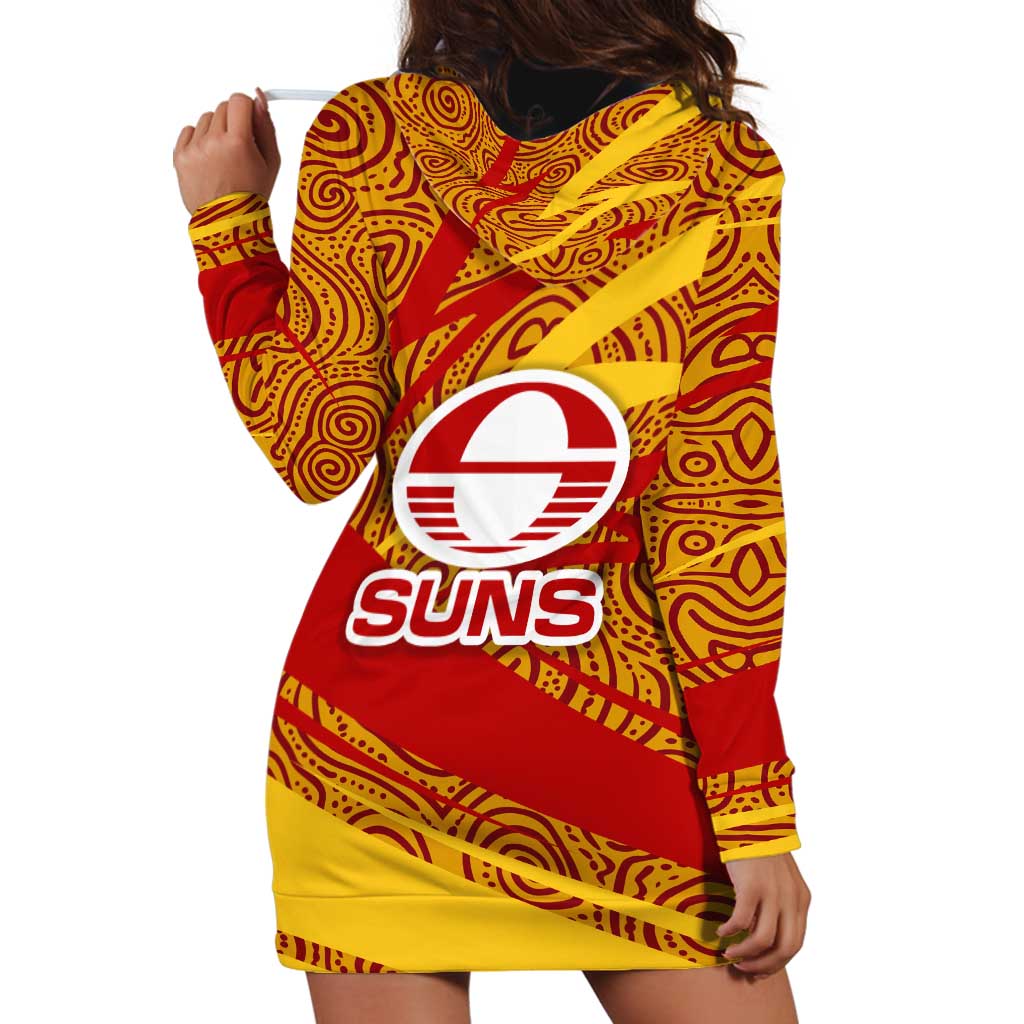 Gold Coast Suns Australian Football Hoodie Dress Sunny Hero Mascot With Indigenous Pattern Art