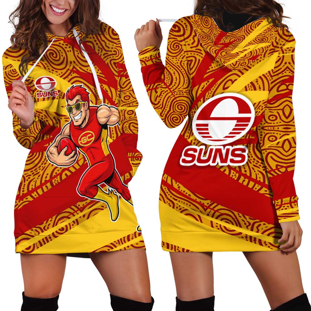 Gold Coast Suns Australian Football Hoodie Dress Sunny Hero Mascot With Indigenous Pattern Art