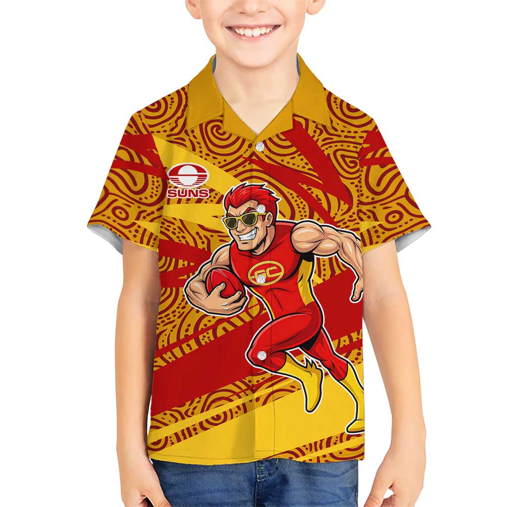 Gold Coast Suns Australian Football Kid Hawaiian Shirt Sunny Hero Mascot With Indigenous Pattern Art