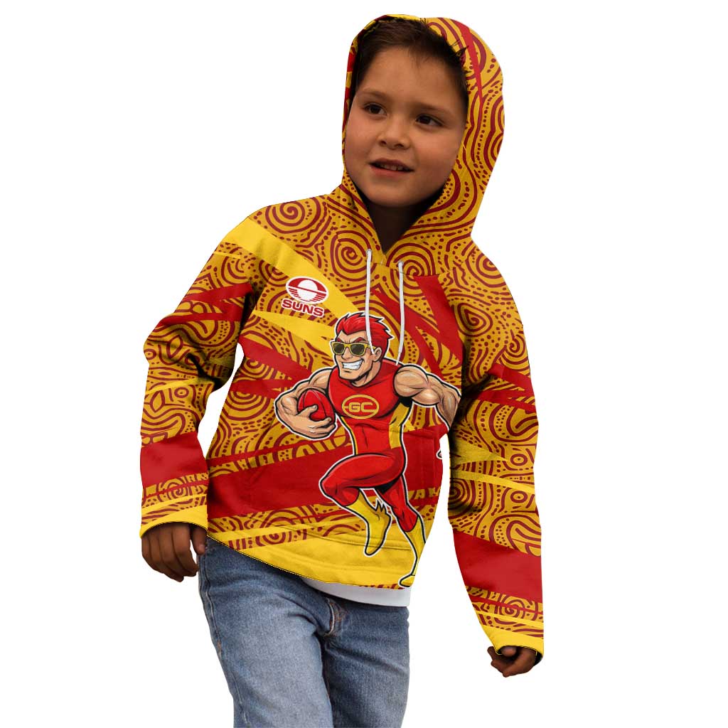 Gold Coast Suns Australian Football Kid Hoodie Sunny Hero Mascot With Indigenous Pattern Art