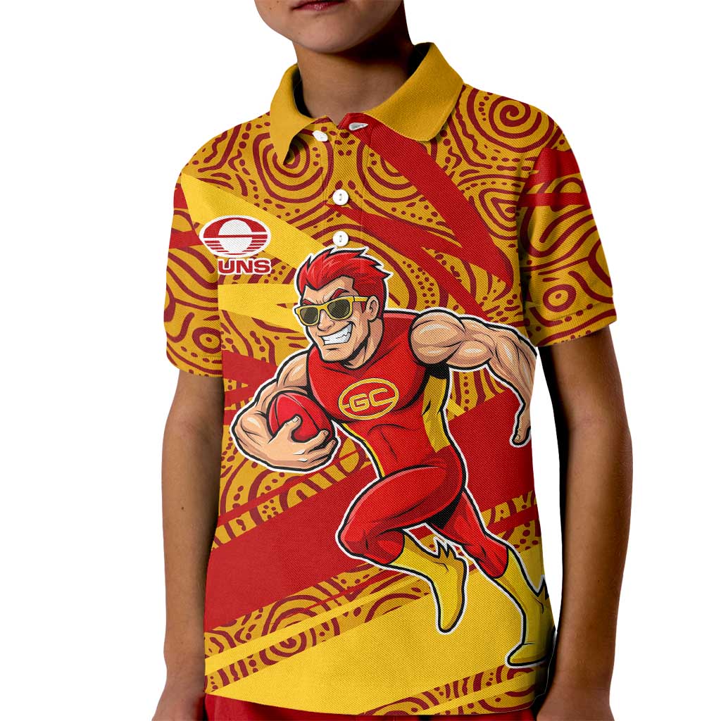 Gold Coast Suns Australian Football Kid Polo Shirt Sunny Hero Mascot With Indigenous Pattern Art