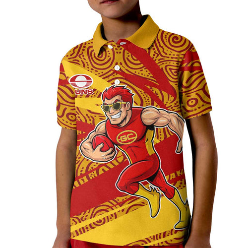 Gold Coast Suns Australian Football Kid Polo Shirt Sunny Hero Mascot With Indigenous Pattern Art