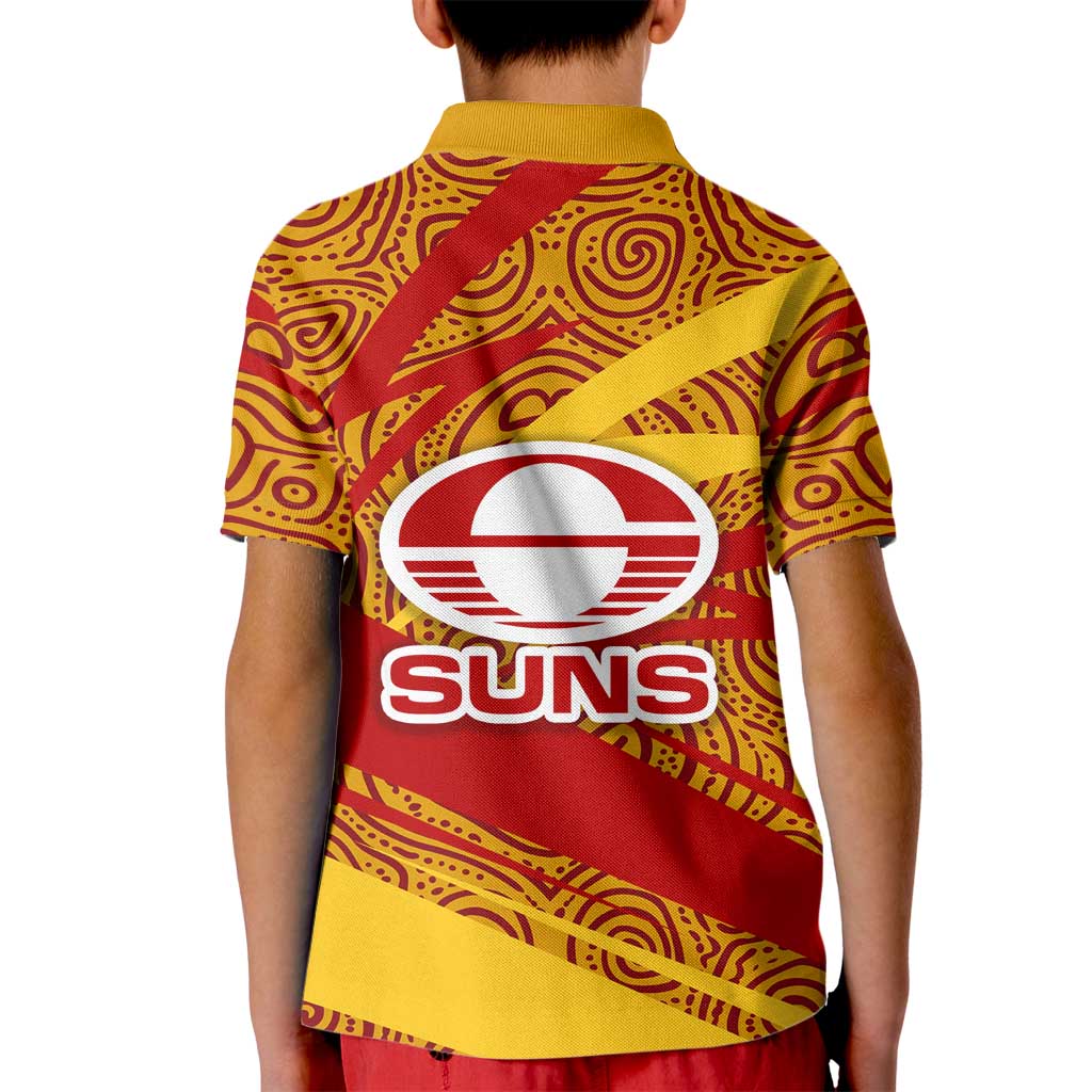 Gold Coast Suns Australian Football Kid Polo Shirt Sunny Hero Mascot With Indigenous Pattern Art
