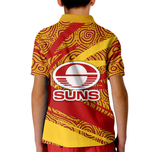 Gold Coast Suns Australian Football Kid Polo Shirt Sunny Hero Mascot With Indigenous Pattern Art