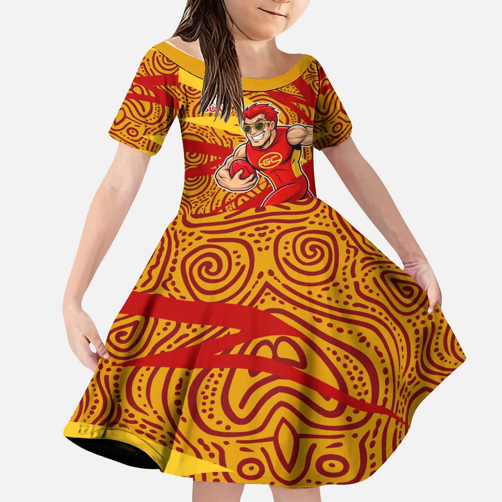 Gold Coast Suns Australian Football Kid Short Sleeve Dress Sunny Hero Mascot With Indigenous Pattern Art