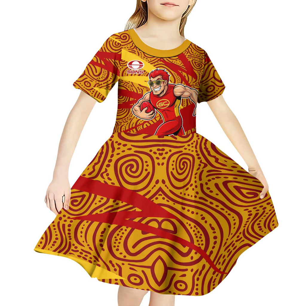 Gold Coast Suns Australian Football Kid Short Sleeve Dress Sunny Hero Mascot With Indigenous Pattern Art
