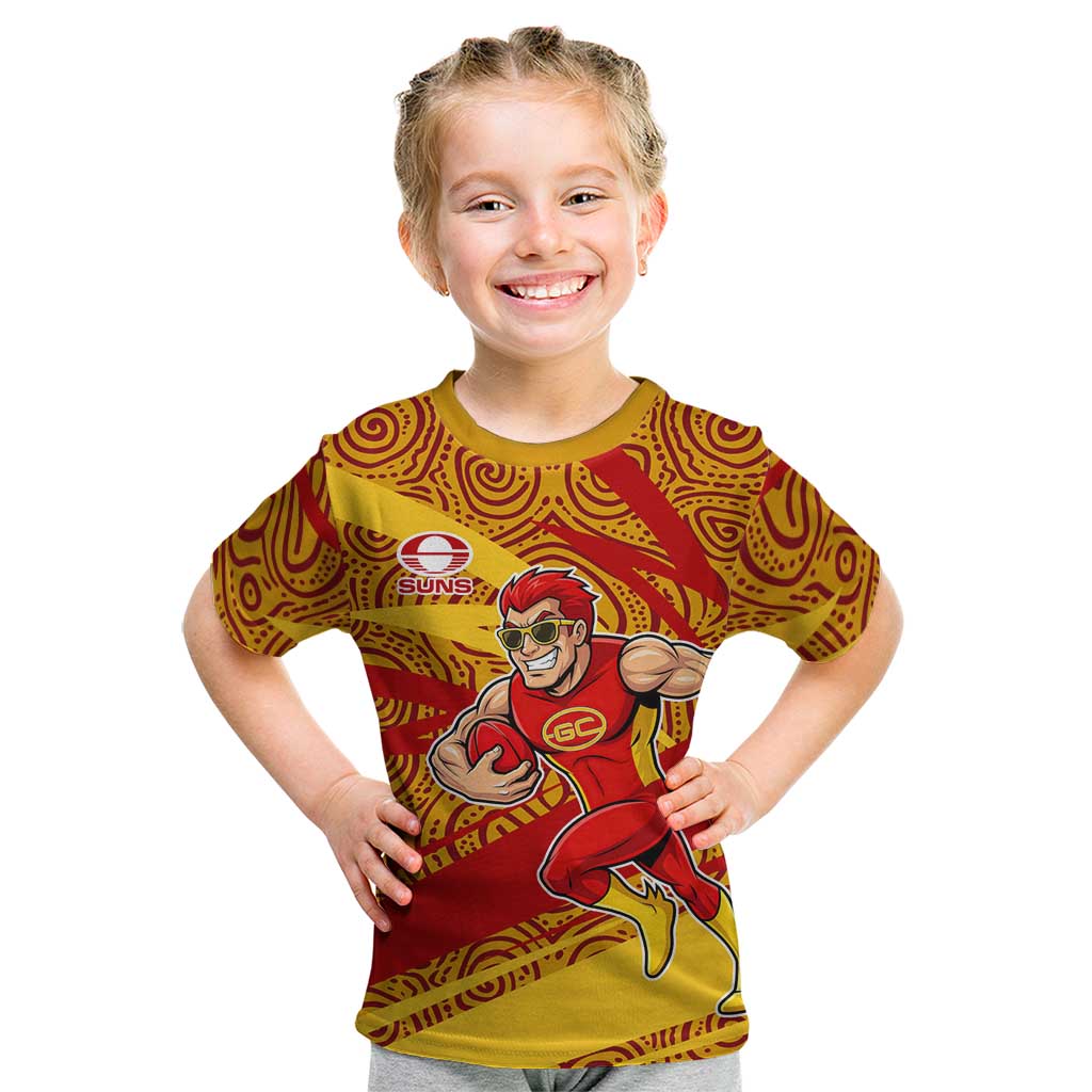 Gold Coast Suns Australian Football Kid T Shirt Sunny Hero Mascot With Indigenous Pattern Art