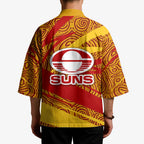 Gold Coast Suns Australian Football Kimono Sunny Hero Mascot With Indigenous Pattern Art