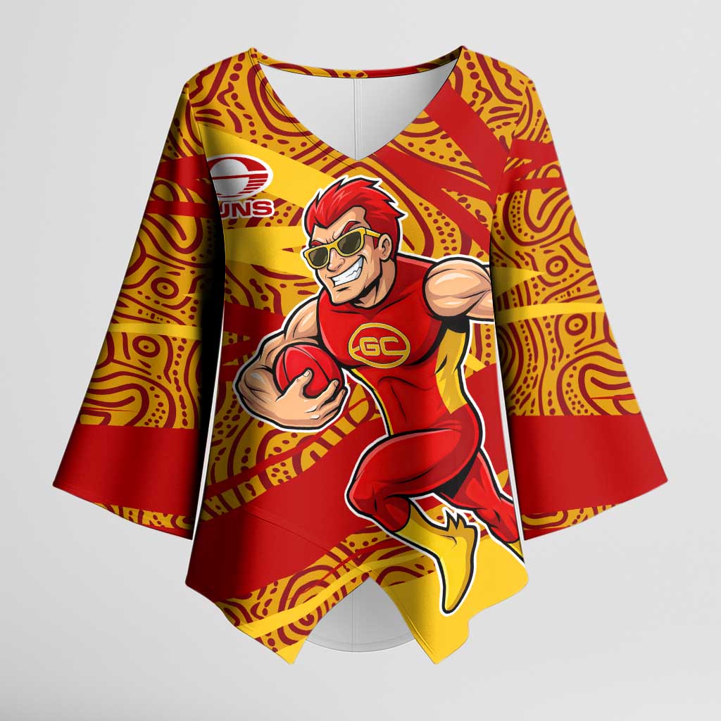 Gold Coast Suns Australian Football Kimono Sleeve Blouse Sunny Hero Mascot With Indigenous Pattern Art