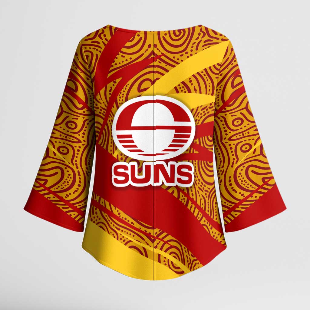 Gold Coast Suns Australian Football Kimono Sleeve Blouse Sunny Hero Mascot With Indigenous Pattern Art