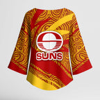 Gold Coast Suns Australian Football Kimono Sleeve Blouse Sunny Hero Mascot With Indigenous Pattern Art