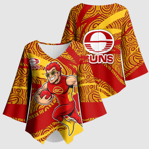 Gold Coast Suns Australian Football Kimono Sleeve Blouse Sunny Hero Mascot With Indigenous Pattern Art