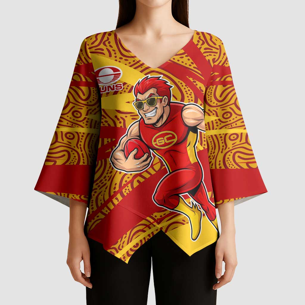 Gold Coast Suns Australian Football Kimono Sleeve Blouse Sunny Hero Mascot With Indigenous Pattern Art