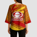 Gold Coast Suns Australian Football Kimono Sleeve Blouse Sunny Hero Mascot With Indigenous Pattern Art