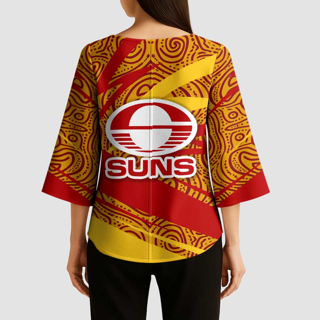 Gold Coast Suns Australian Football Kimono Sleeve Blouse Sunny Hero Mascot With Indigenous Pattern Art