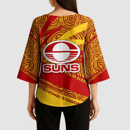 Gold Coast Suns Australian Football Kimono Sleeve Blouse Sunny Hero Mascot With Indigenous Pattern Art