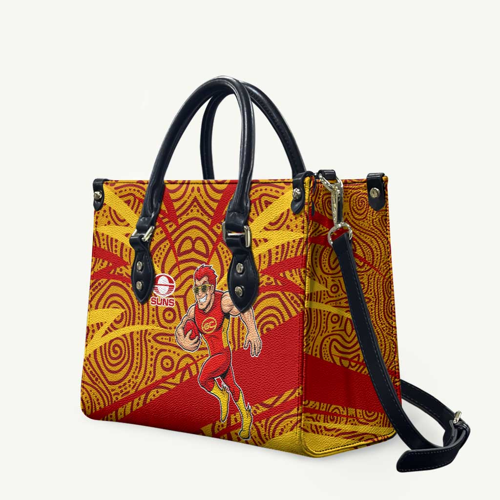 Gold Coast Suns Australian Football Leather Bag Sunny Hero Mascot With Indigenous Pattern Art