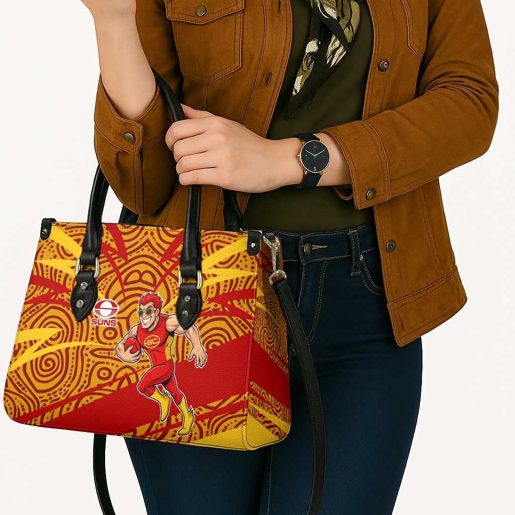 Gold Coast Suns Australian Football Leather Bag Sunny Hero Mascot With Indigenous Pattern Art