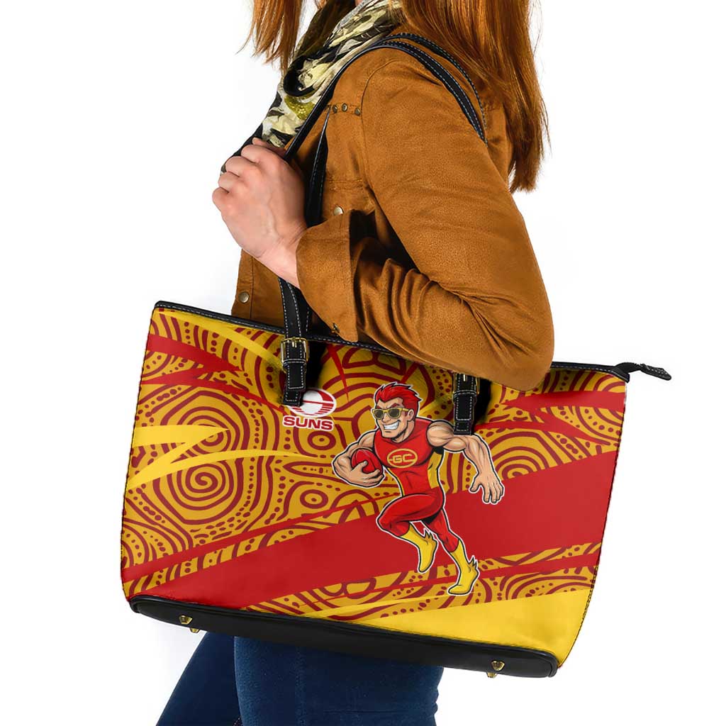 Gold Coast Suns Australian Football Leather Tote Bag Sunny Hero Mascot With Indigenous Pattern Art