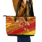 Gold Coast Suns Australian Football Leather Tote Bag Sunny Hero Mascot With Indigenous Pattern Art