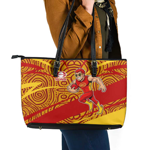 Gold Coast Suns Australian Football Leather Tote Bag Sunny Hero Mascot With Indigenous Pattern Art