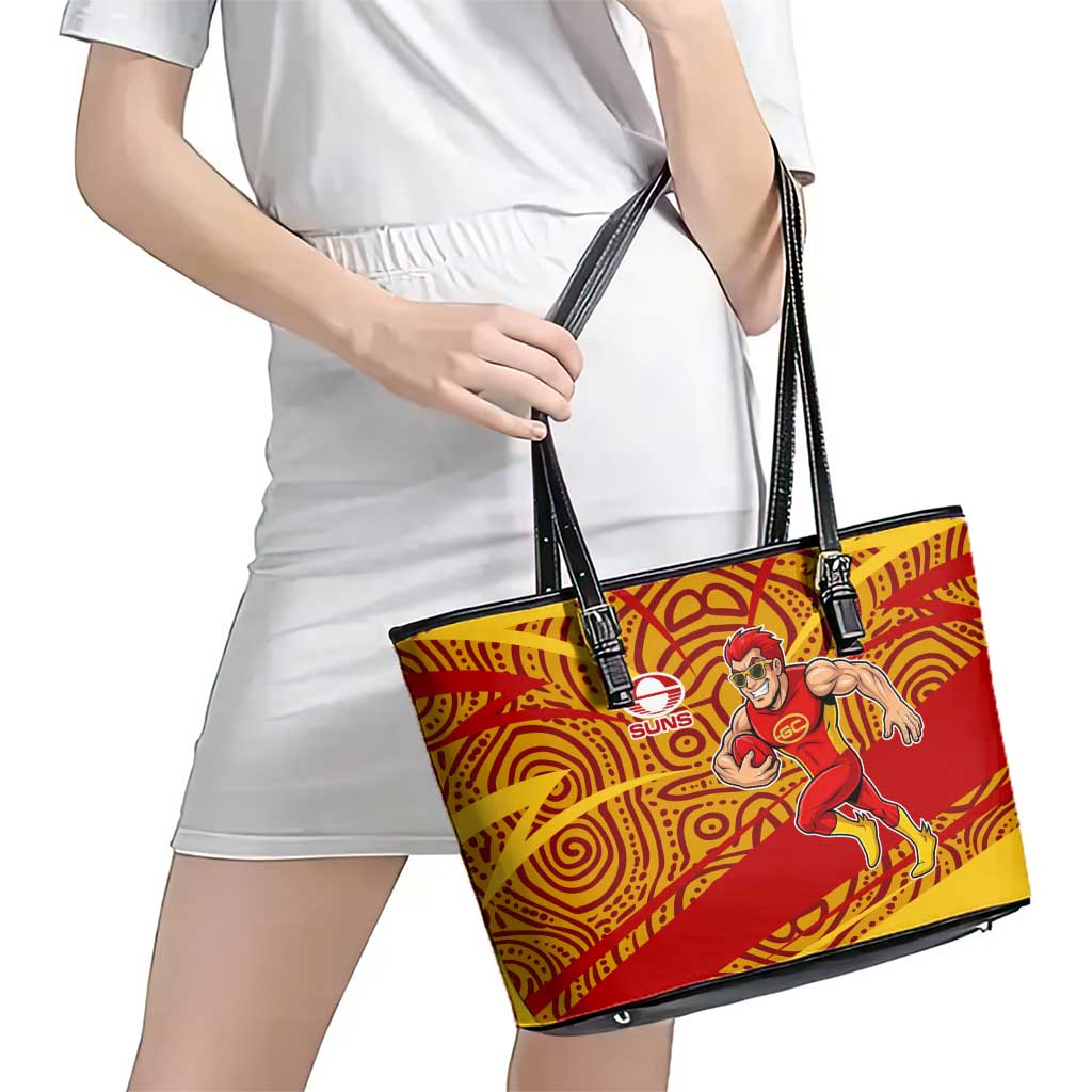 Gold Coast Suns Australian Football Leather Tote Bag Sunny Hero Mascot With Indigenous Pattern Art