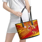 Gold Coast Suns Australian Football Leather Tote Bag Sunny Hero Mascot With Indigenous Pattern Art