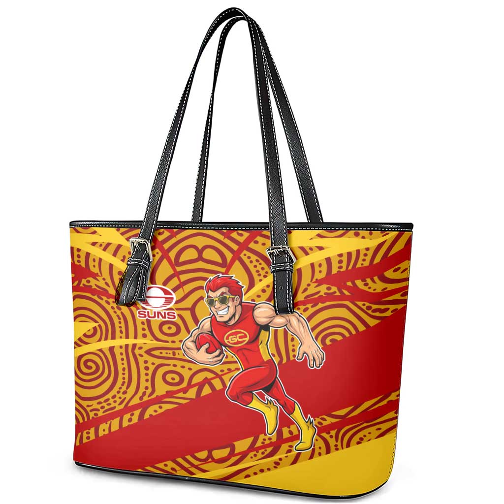 Gold Coast Suns Australian Football Leather Tote Bag Sunny Hero Mascot With Indigenous Pattern Art