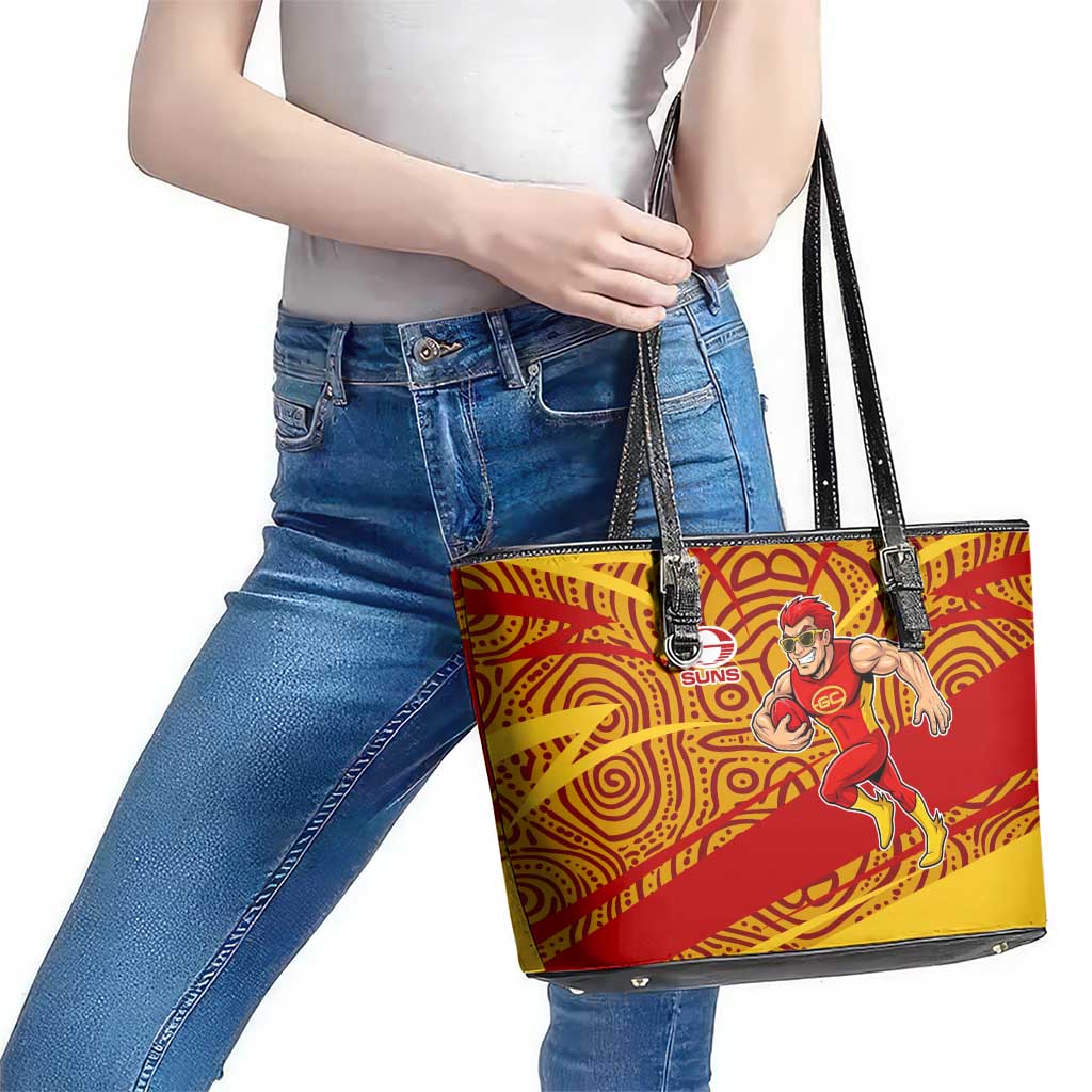 Gold Coast Suns Australian Football Leather Tote Bag Sunny Hero Mascot With Indigenous Pattern Art
